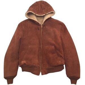 VTG‎ 70s Cowhide Leather Shearling Lined Hooded Chore Barn Coat Jacket 42
